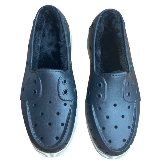 Sperry Float Cozy Slip On Boat Shoes Womens 8 Faux Fur Lined Casual Black NEW - Picture 1 of 9